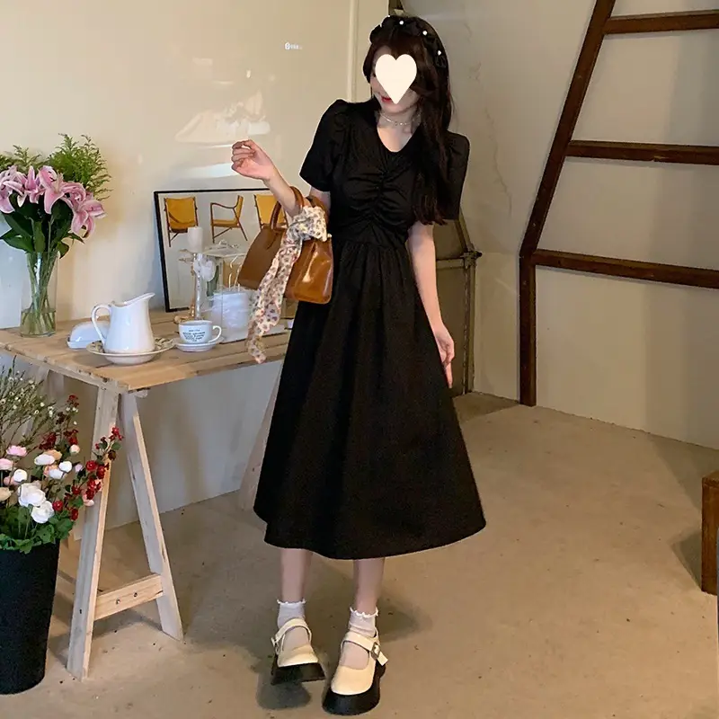 Vintage French Style Hollow Bow Dress Women Summer New Puff Sleeve Small Black Dress High Waist Slimming A- line Skirt - Image 5