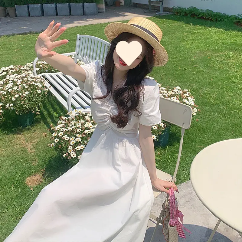 Vintage French Style Hollow Bow Dress Women Summer New Puff Sleeve Small Black Dress High Waist Slimming A- line Skirt - Image 6