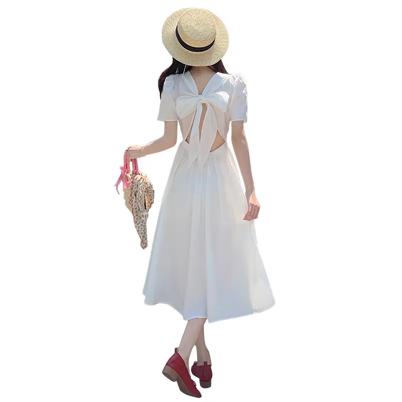Vintage French Style Hollow Bow Dress Women Summer New Puff Sleeve Small Black Dress High Waist Slimming A- line Skirt - Image 7