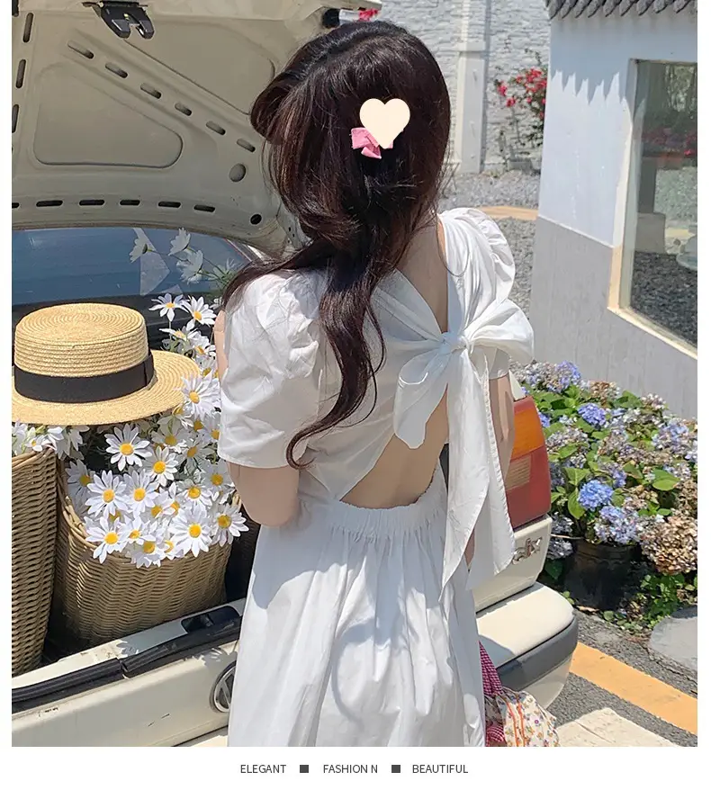 Vintage French Style Hollow Bow Dress Women Summer New Puff Sleeve Small Black Dress High Waist Slimming A- line Skirt — feature 12