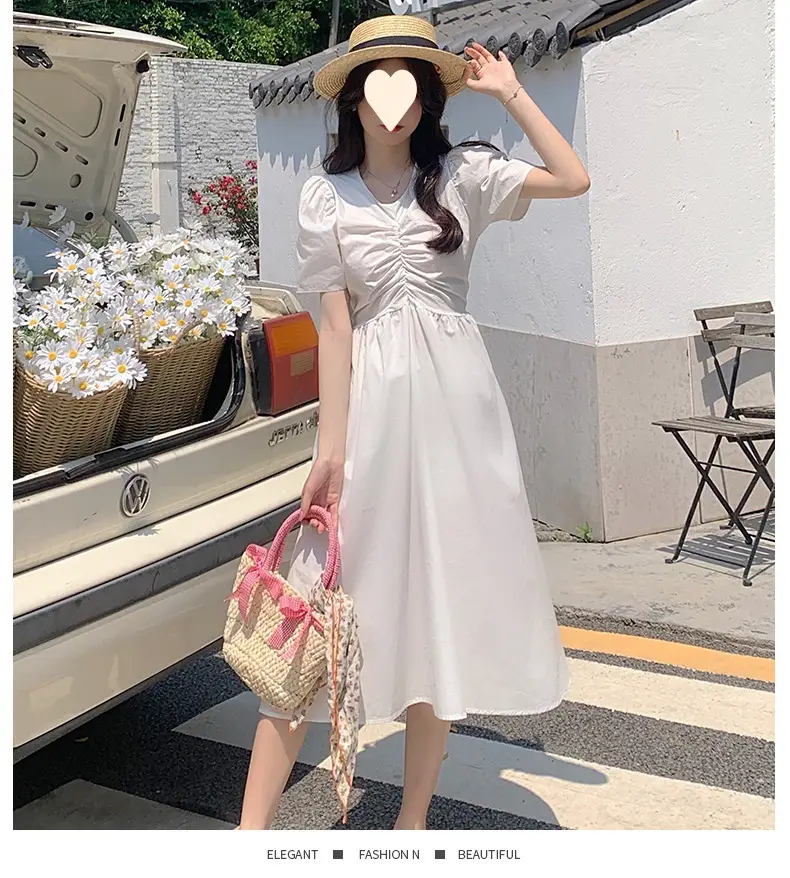 Vintage French Style Hollow Bow Dress Women Summer New Puff Sleeve Small Black Dress High Waist Slimming A- line Skirt — feature 14