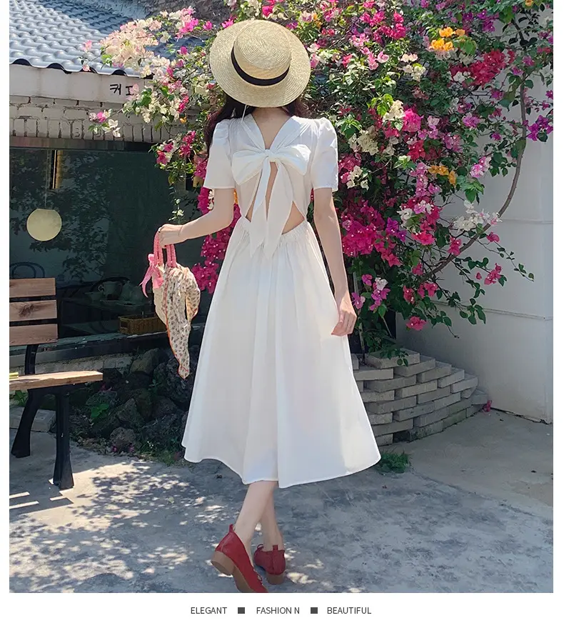 Vintage French Style Hollow Bow Dress Women Summer New Puff Sleeve Small Black Dress High Waist Slimming A- line Skirt — feature 15