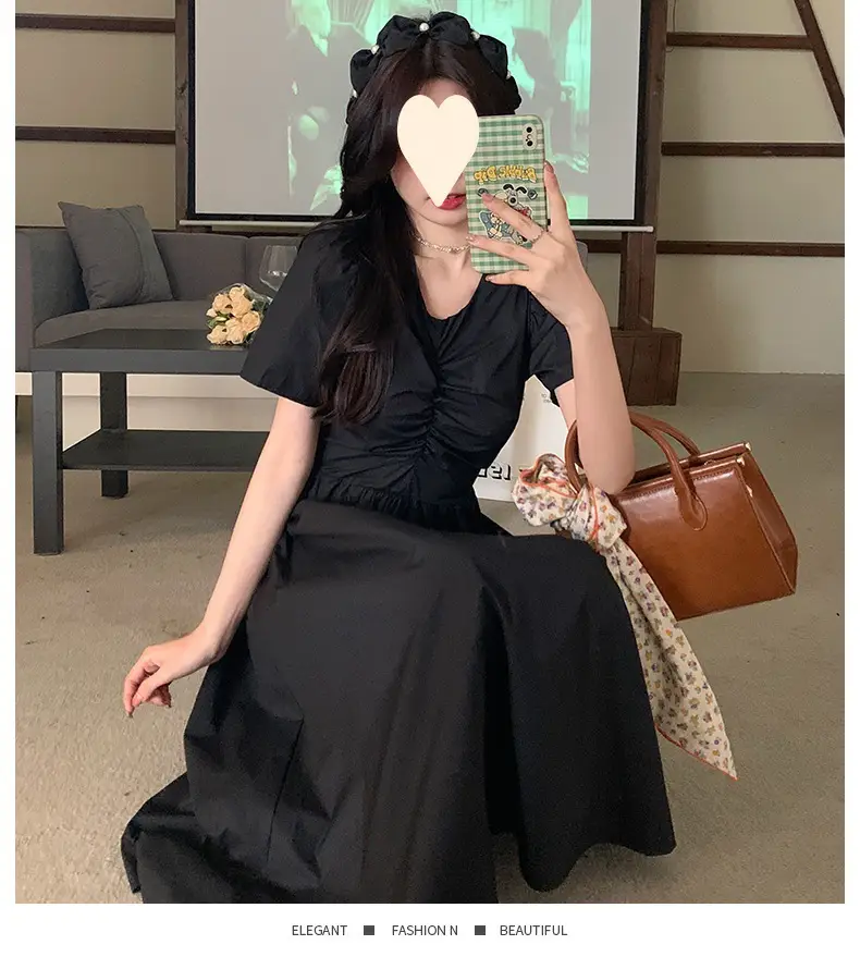 Vintage French Style Hollow Bow Dress Women Summer New Puff Sleeve Small Black Dress High Waist Slimming A- line Skirt — feature 16
