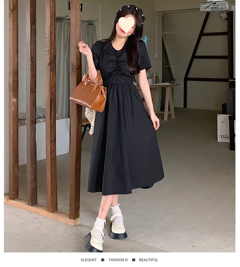Vintage French Style Hollow Bow Dress Women Summer New Puff Sleeve Small Black Dress High Waist Slimming A- line Skirt — feature 17