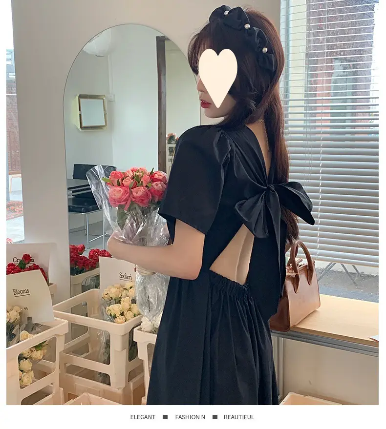 Vintage French Style Hollow Bow Dress Women Summer New Puff Sleeve Small Black Dress High Waist Slimming A- line Skirt — feature 18