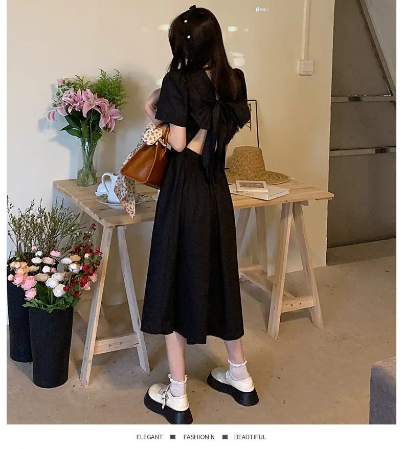 Vintage French Style Hollow Bow Dress Women Summer New Puff Sleeve Small Black Dress High Waist Slimming A- line Skirt — feature 19