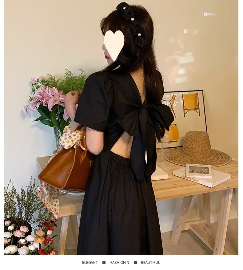 Vintage French Style Hollow Bow Dress Women Summer New Puff Sleeve Small Black Dress High Waist Slimming A- line Skirt — feature 20