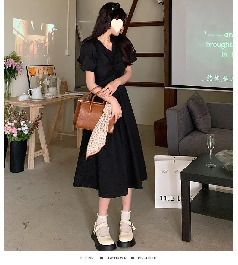 Vintage French Style Hollow Bow Dress Women Summer New Puff Sleeve Small Black Dress High Waist Slimming A- line Skirt — feature 21