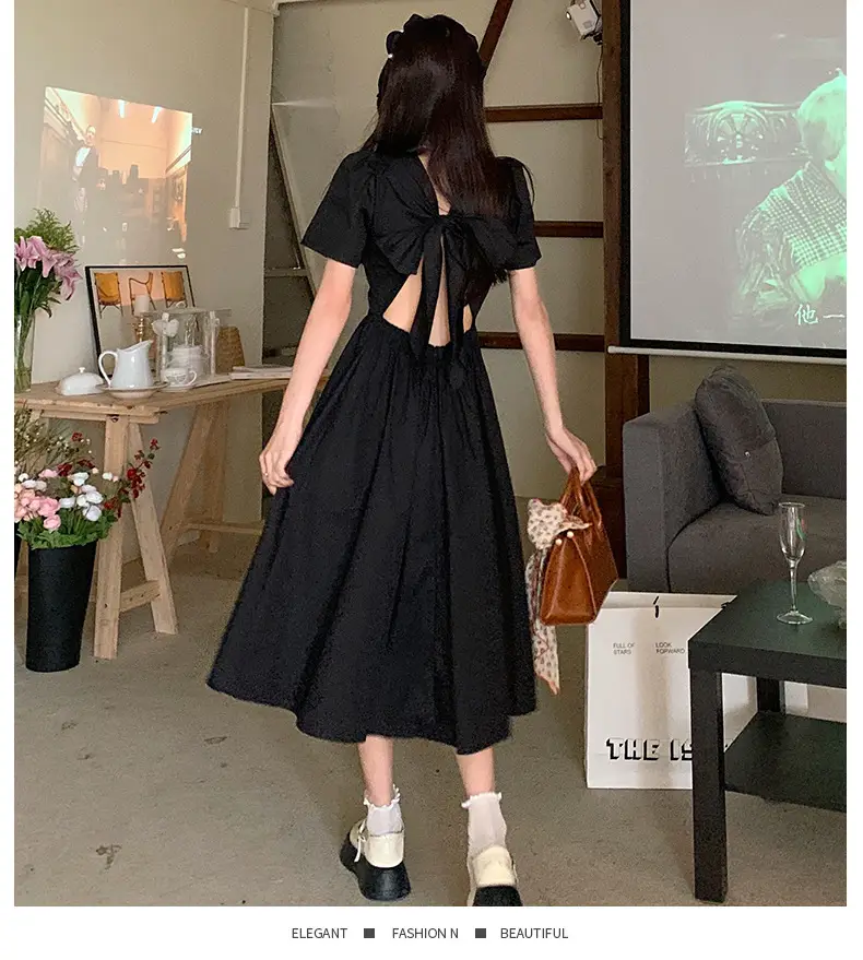 Vintage French Style Hollow Bow Dress Women Summer New Puff Sleeve Small Black Dress High Waist Slimming A- line Skirt — feature 22