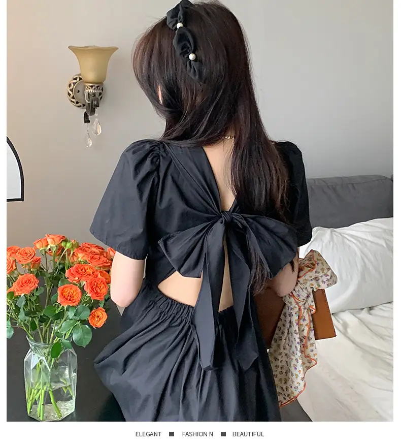 Vintage French Style Hollow Bow Dress Women Summer New Puff Sleeve Small Black Dress High Waist Slimming A- line Skirt — feature 23