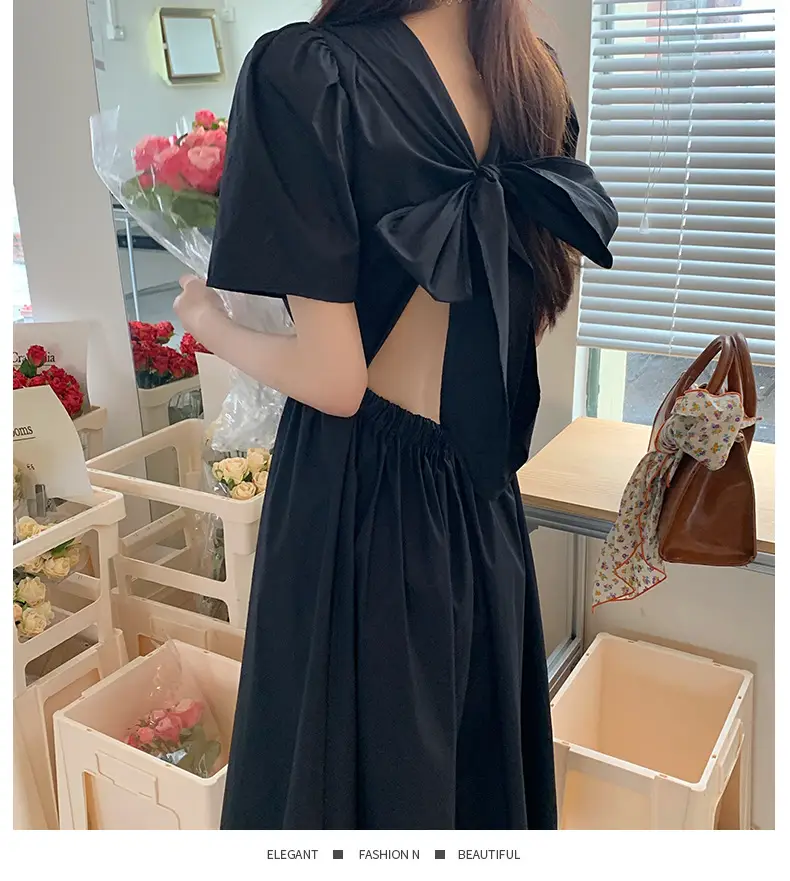 Vintage French Style Hollow Bow Dress Women Summer New Puff Sleeve Small Black Dress High Waist Slimming A- line Skirt — feature 24
