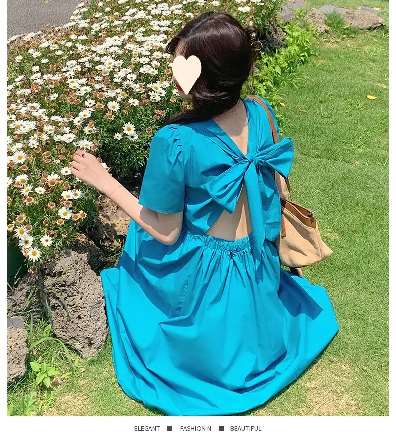 Vintage French Style Hollow Bow Dress Women Summer New Puff Sleeve Small Black Dress High Waist Slimming A- line Skirt — feature 25