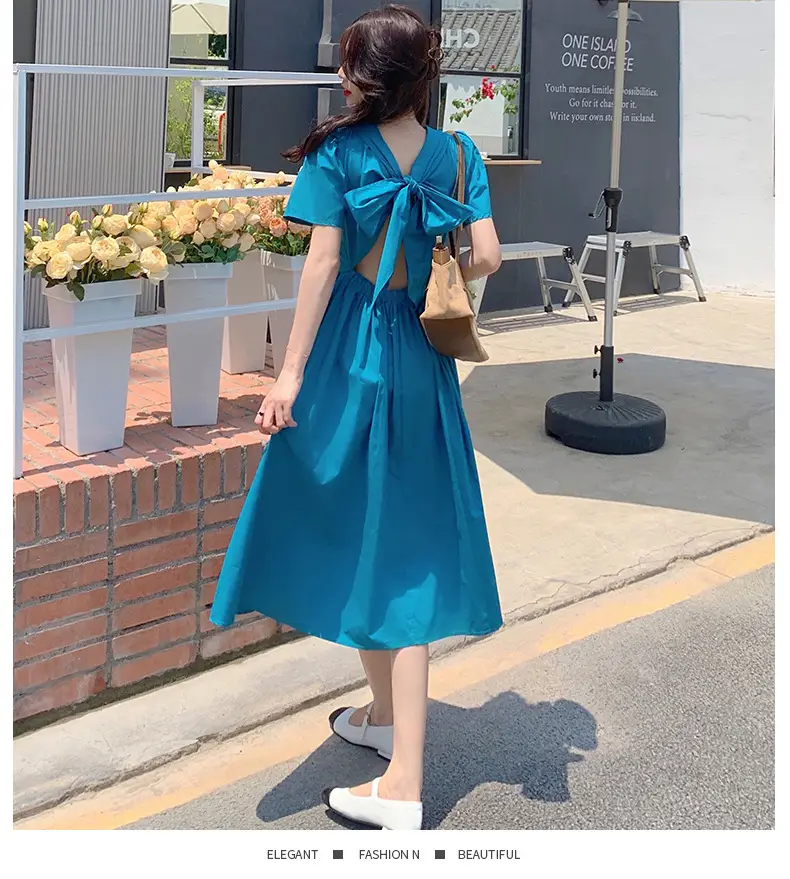 Vintage French Style Hollow Bow Dress Women Summer New Puff Sleeve Small Black Dress High Waist Slimming A- line Skirt — feature 27