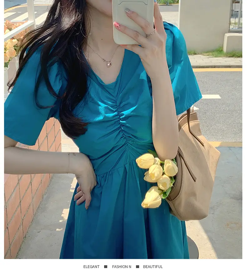 Vintage French Style Hollow Bow Dress Women Summer New Puff Sleeve Small Black Dress High Waist Slimming A- line Skirt — feature 30