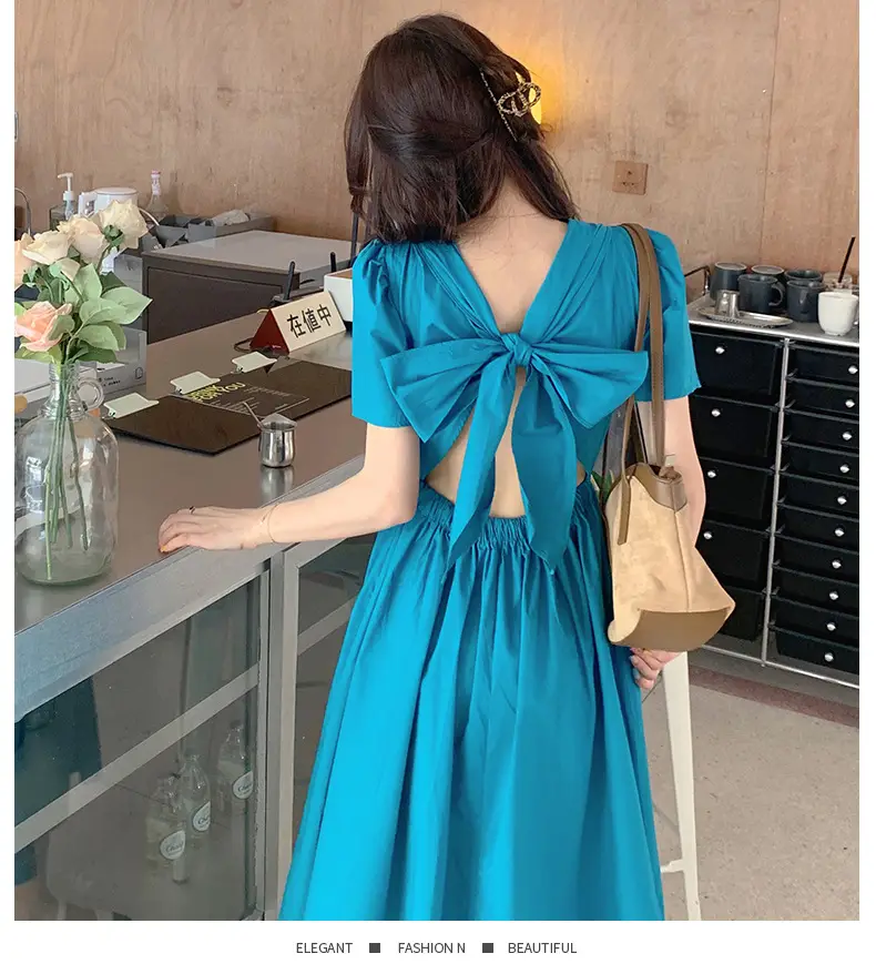 Vintage French Style Hollow Bow Dress Women Summer New Puff Sleeve Small Black Dress High Waist Slimming A- line Skirt — feature 32