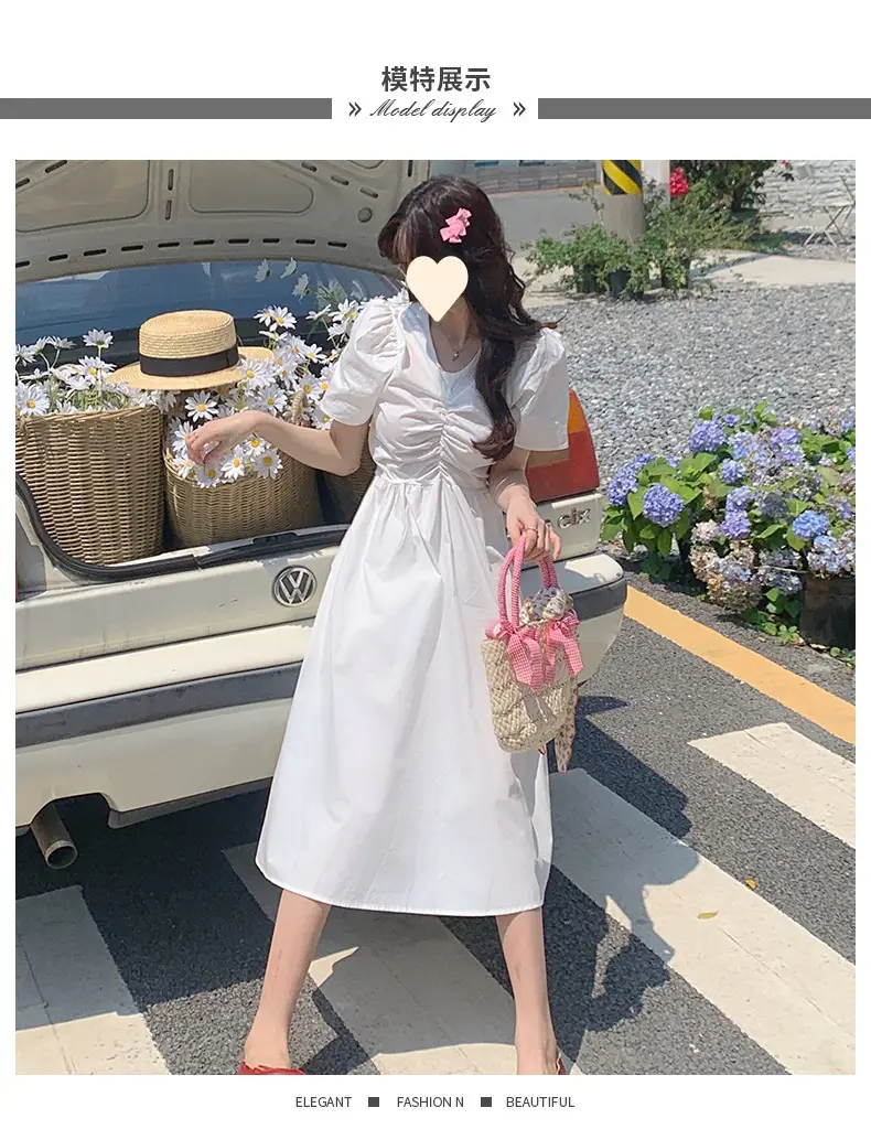 Vintage French Style Hollow Bow Dress Women Summer New Puff Sleeve Small Black Dress High Waist Slimming A- line Skirt — feature 7