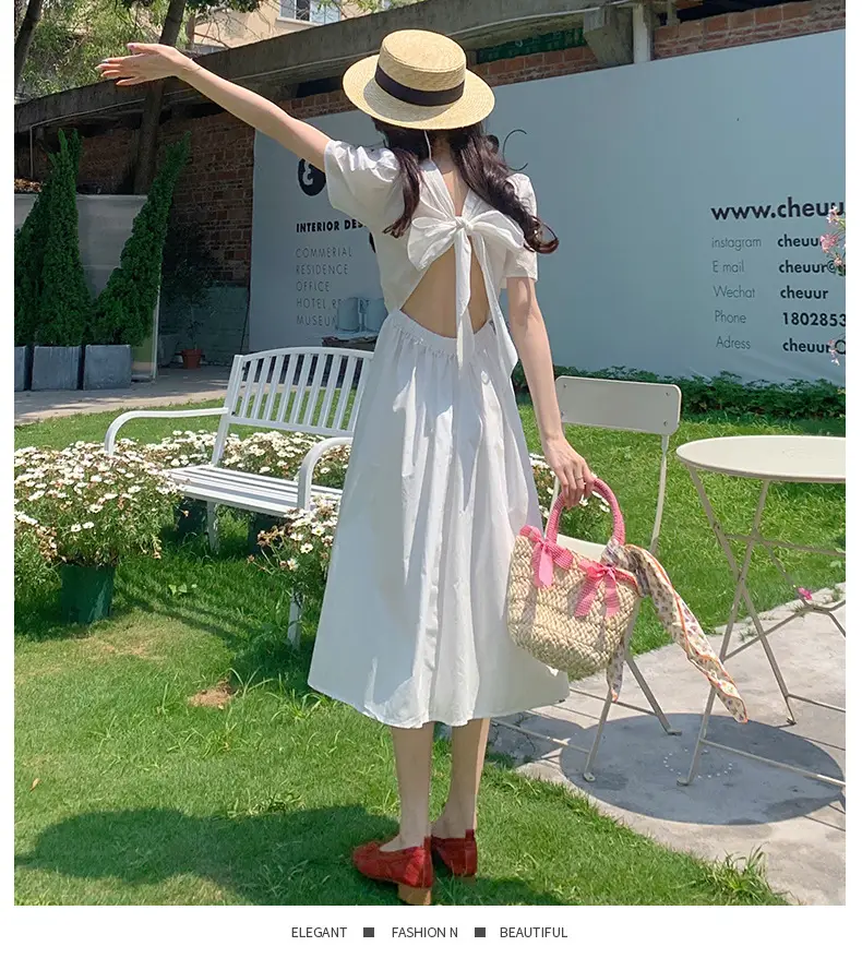 Vintage French Style Hollow Bow Dress Women Summer New Puff Sleeve Small Black Dress High Waist Slimming A- line Skirt — feature 8