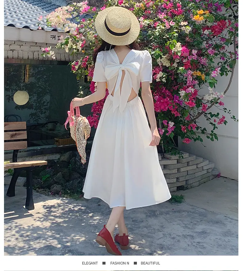 Vintage French Style Hollow Bow Dress Women Summer New Puff Sleeve Small Black Dress High Waist Slimming A- line Skirt — feature 9
