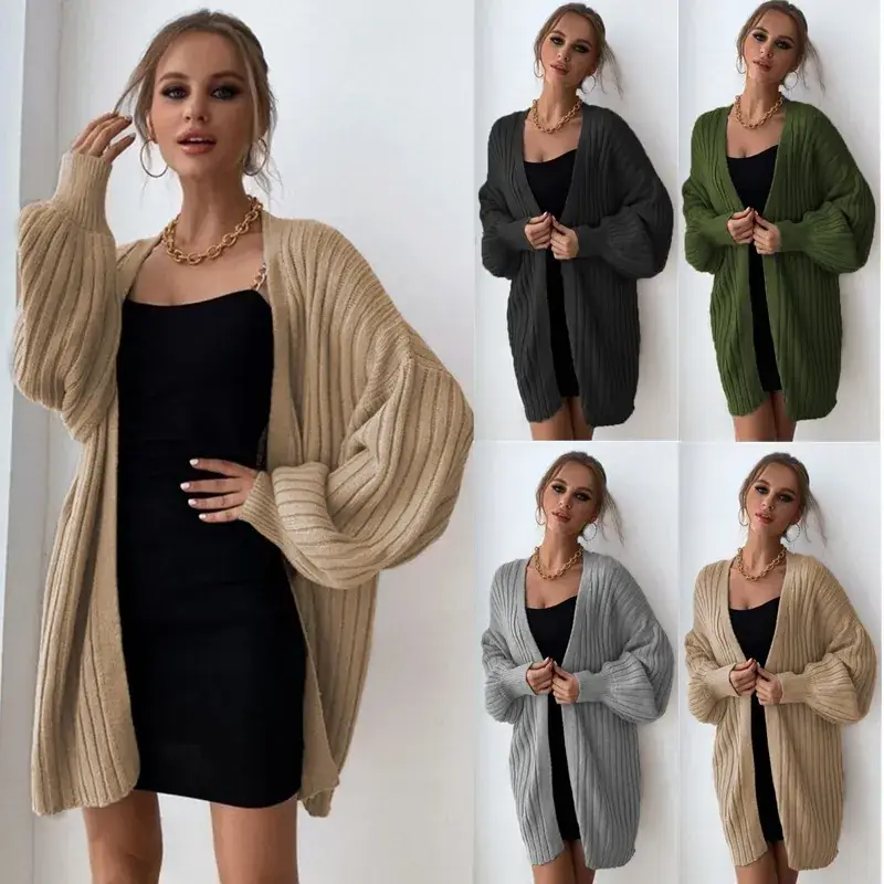 Women's Knitted Cardigan with Bat Sleeves Gray - Image 10