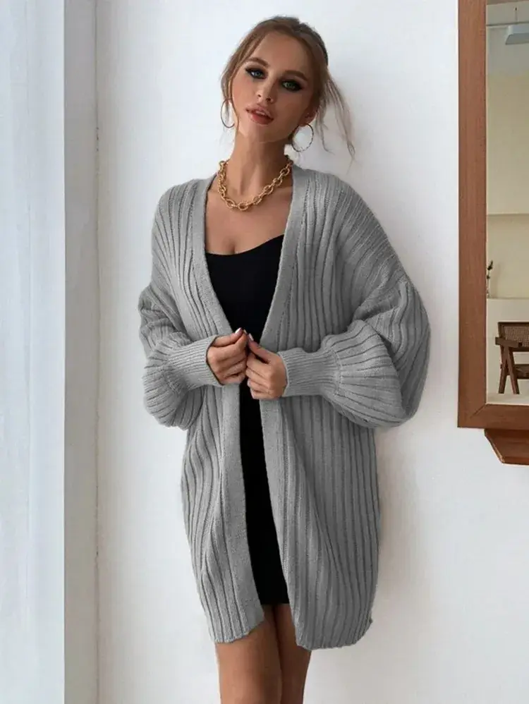 Women's Knitted Cardigan with Bat Sleeves Gray - Image 2
