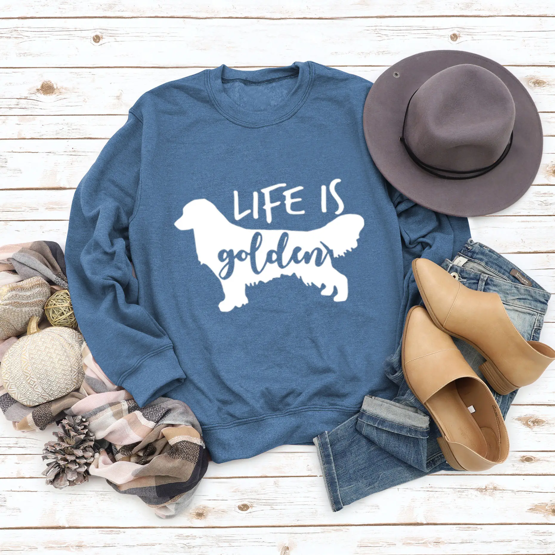 Life Is Golden Crewneck Sweatshirt Blue Long Sleeve - Image 12