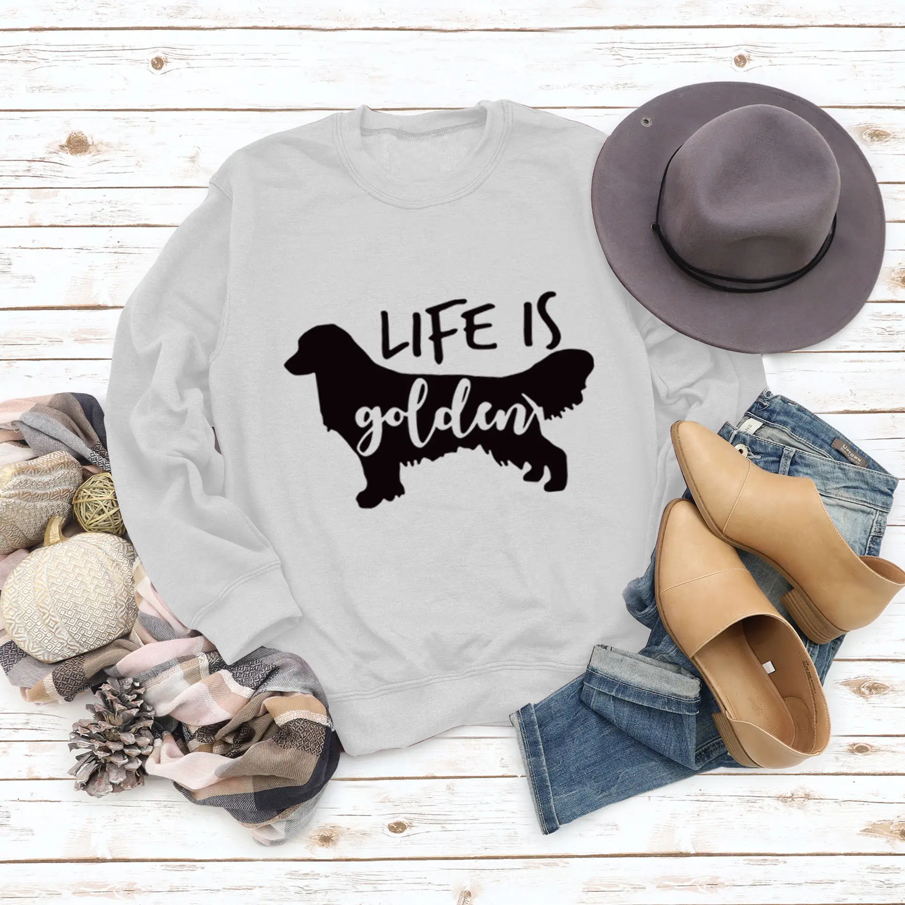 Life Is Golden Crewneck Sweatshirt Blue Long Sleeve - Image 2