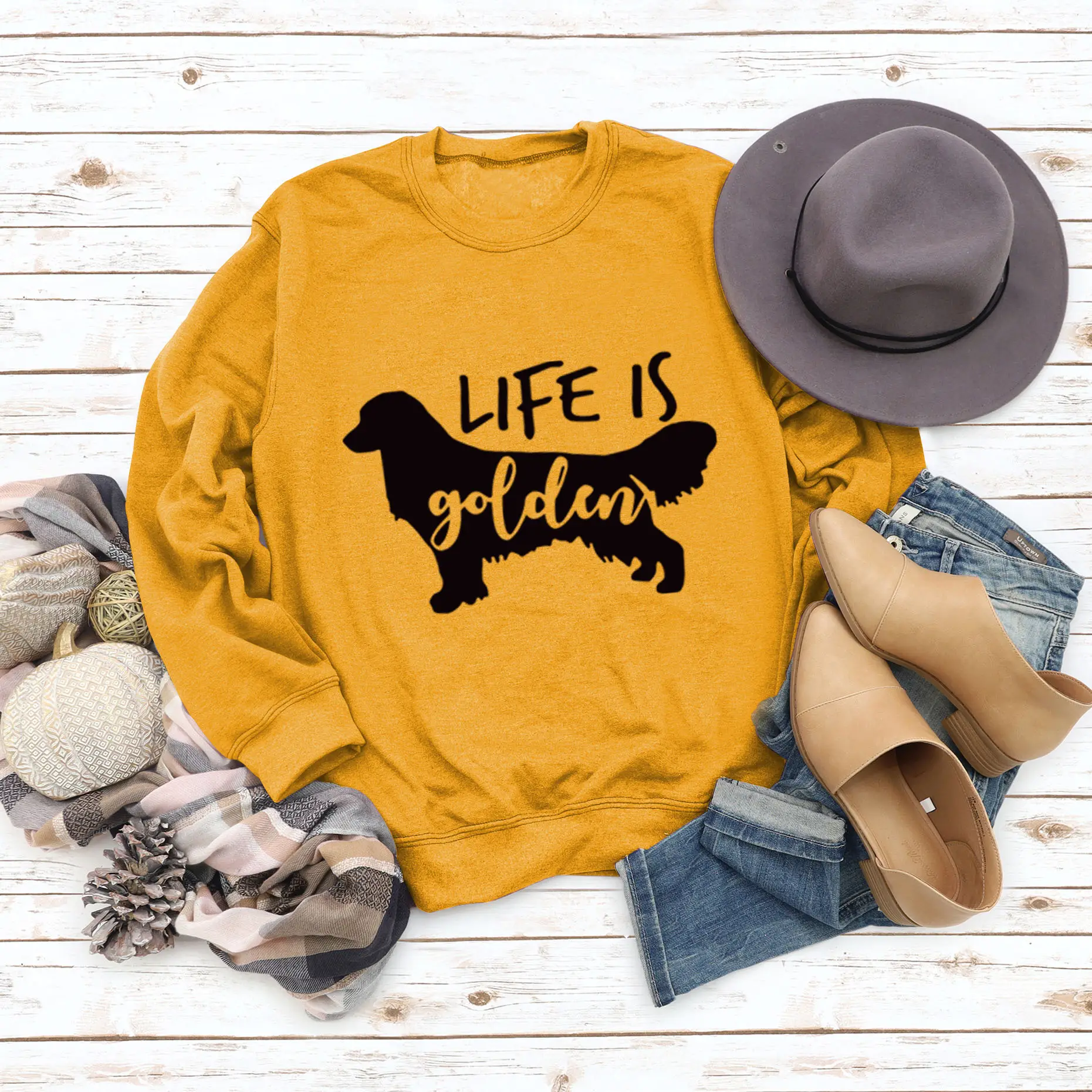 Life Is Golden Crewneck Sweatshirt Blue Long Sleeve - Image 4