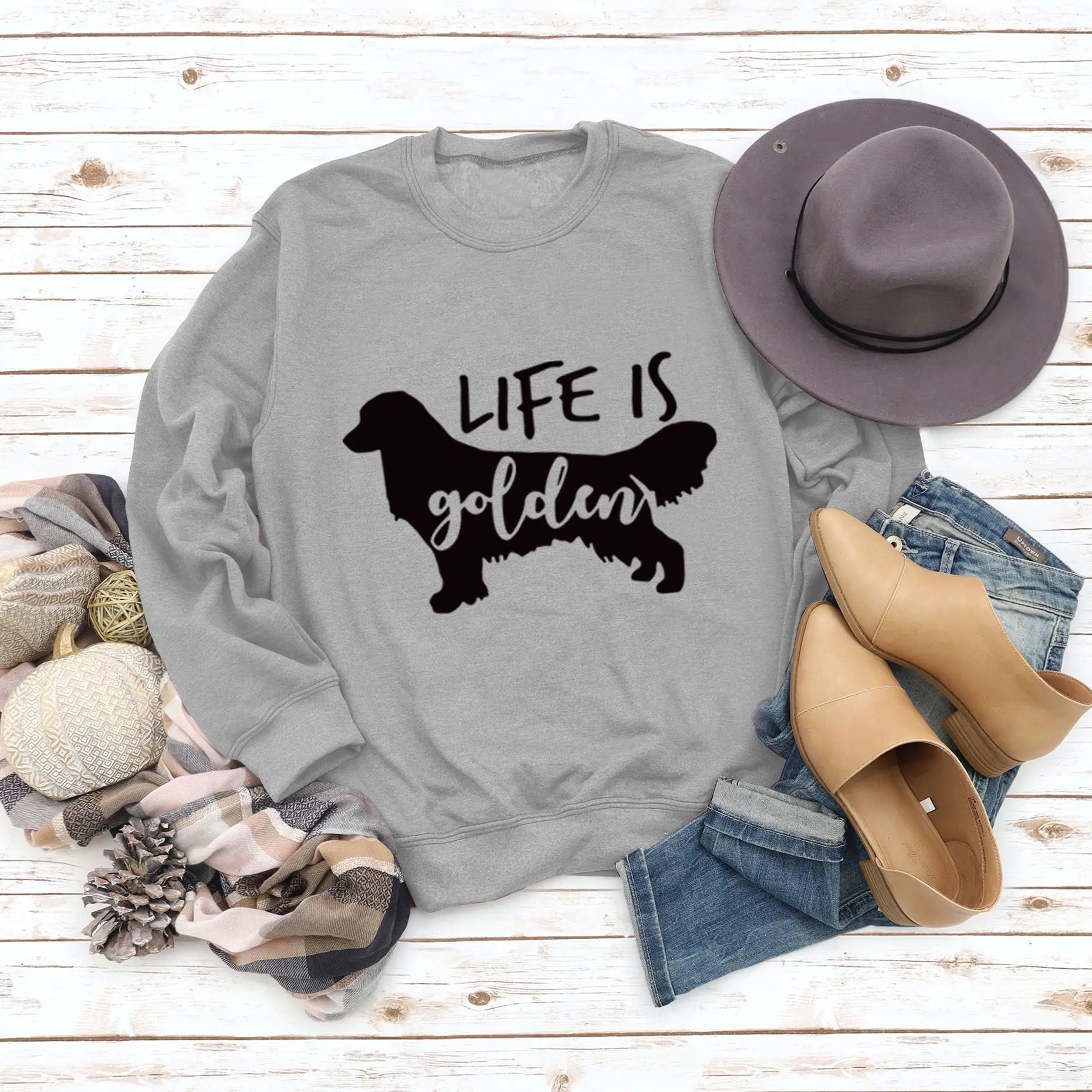 Life Is Golden Crewneck Sweatshirt Blue Long Sleeve - Image 5