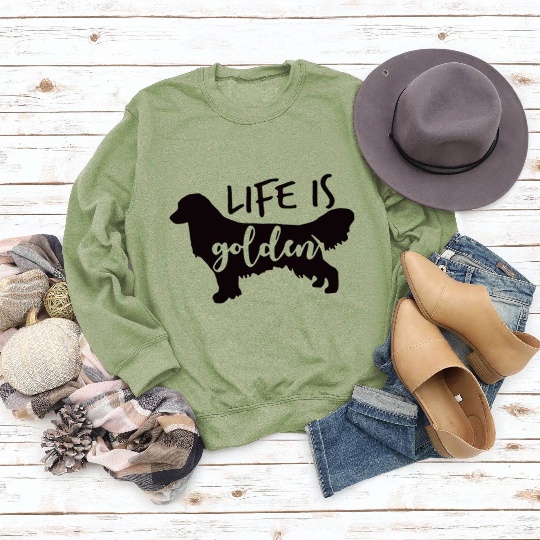 Life Is Golden Crewneck Sweatshirt Blue Long Sleeve - Image 7