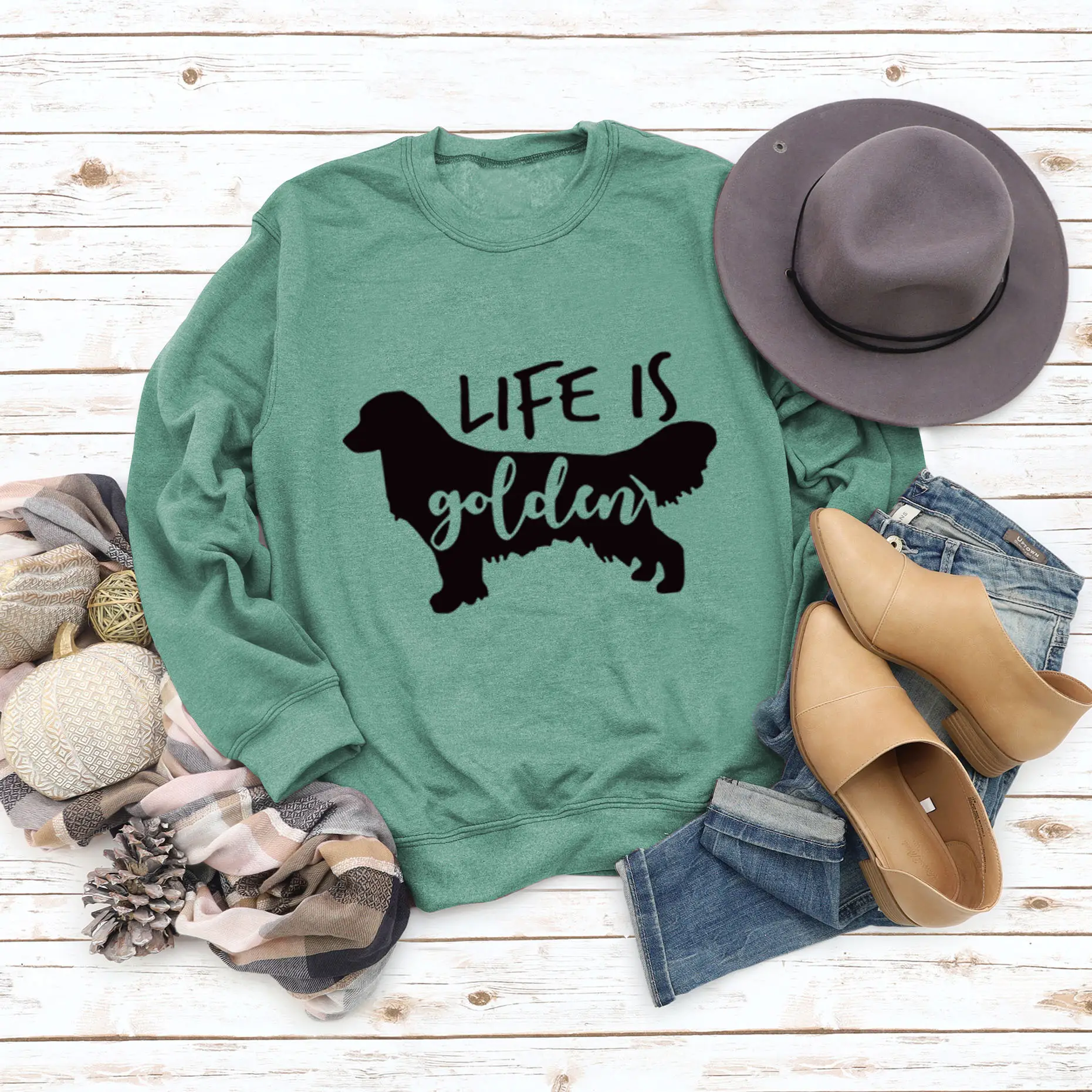 Life Is Golden Crewneck Sweatshirt Blue Long Sleeve - Image 9