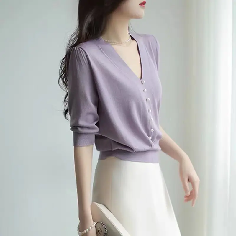 Women's Pink Knitted V-Neck Half Sleeve Shirt — feature 1