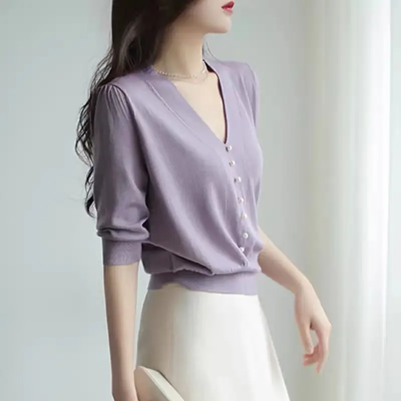 Women's Pink Knitted V-Neck Half Sleeve Shirt — feature 4
