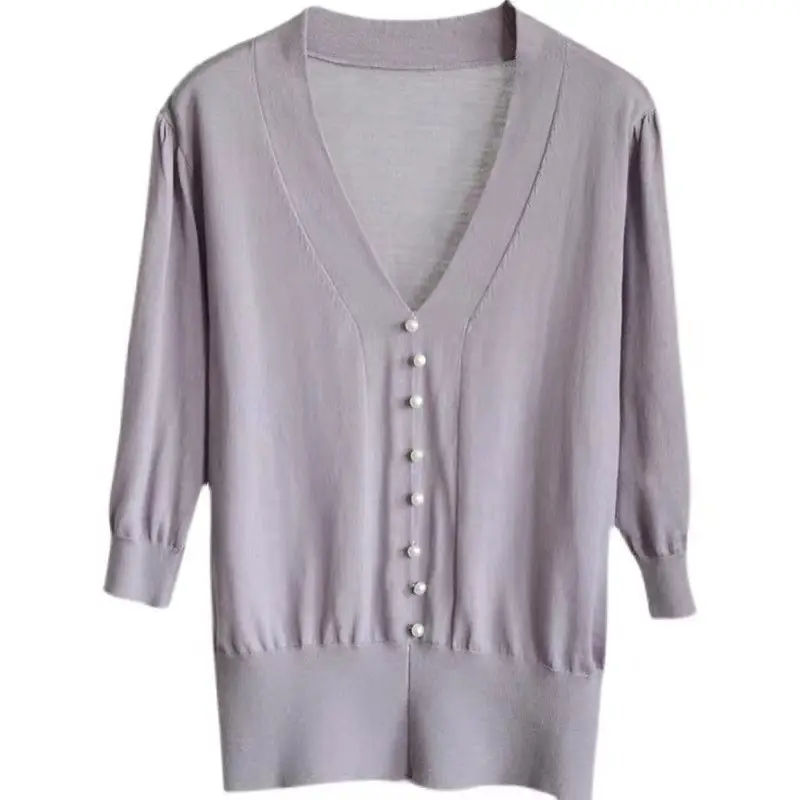 Women's Pink Knitted V-Neck Half Sleeve Shirt — feature 5