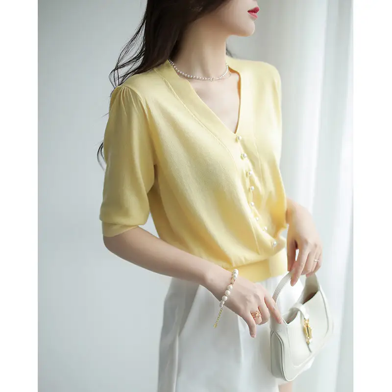 Women's Pink Knitted V-Neck Half Sleeve Shirt - Image 2