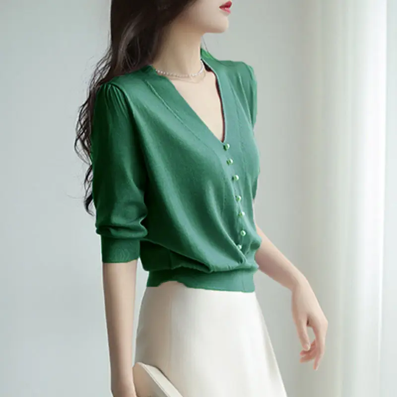 Women's Pink Knitted V-Neck Half Sleeve Shirt - Image 4