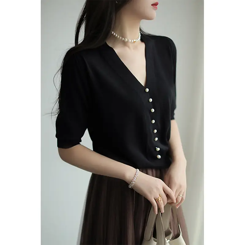 Women's Pink Knitted V-Neck Half Sleeve Shirt - Image 5