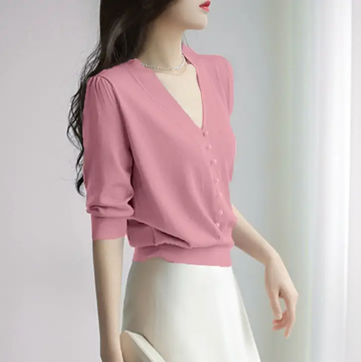 Women's Pink Knitted V-Neck Half Sleeve Shirt - Image 6
