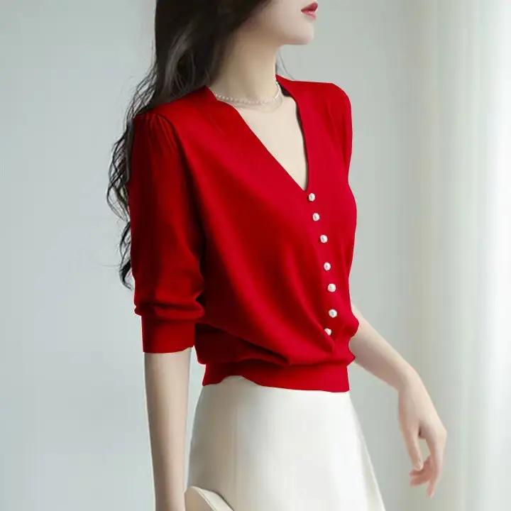 Women's Pink Knitted V-Neck Half Sleeve Shirt - Image 7