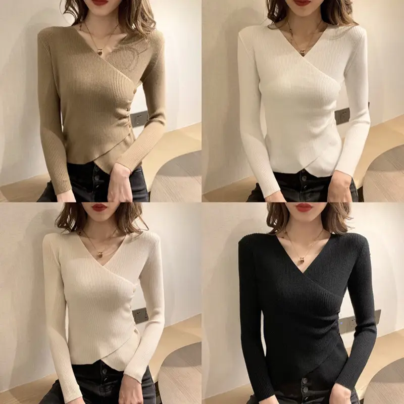 Women V-Neck Knitted Sweater White Long Sleeve - Image 6