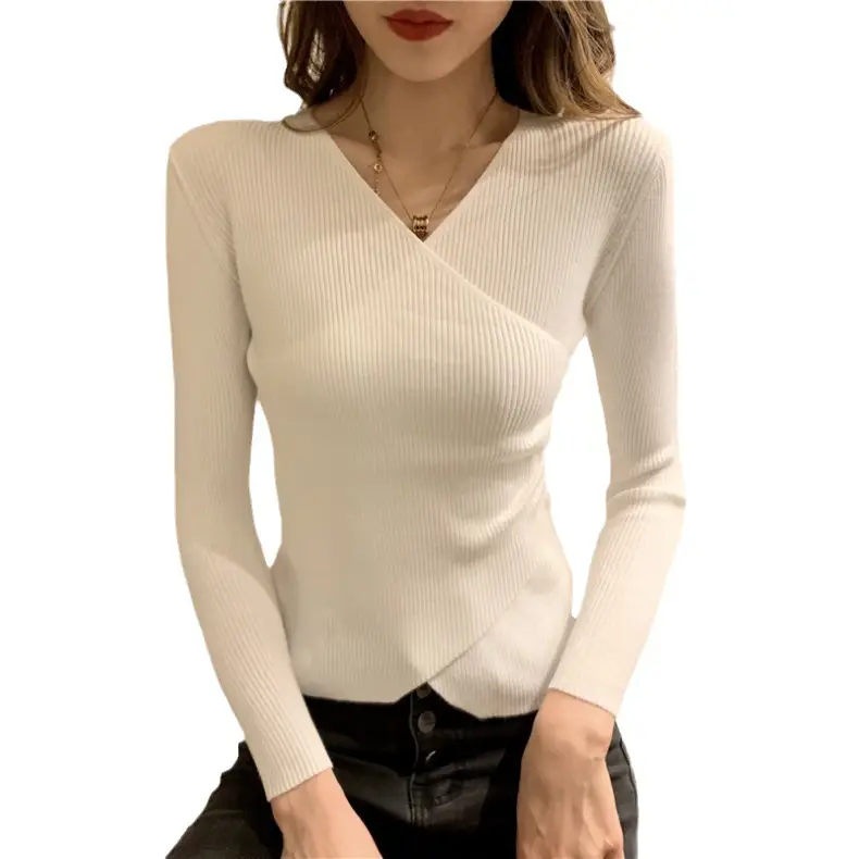 Women V-Neck Knitted Sweater White Long Sleeve - Image 7