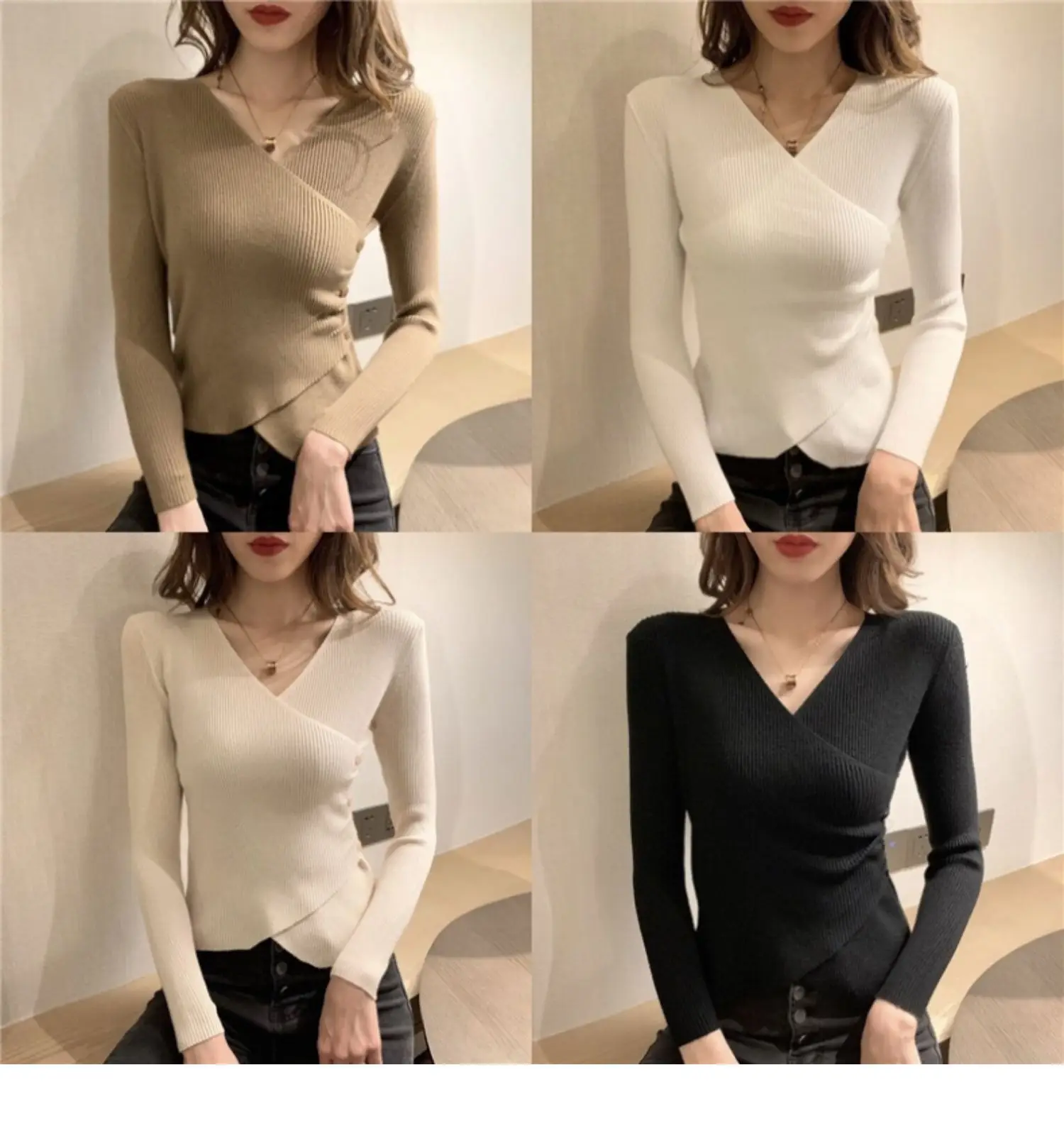 Women V-Neck Knitted Sweater White Long Sleeve — feature 2