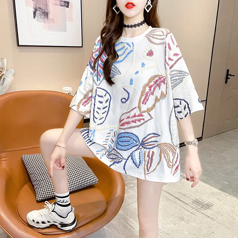 Women Printed Cotton T-Shirt Orange 2025 Summer - Image 4