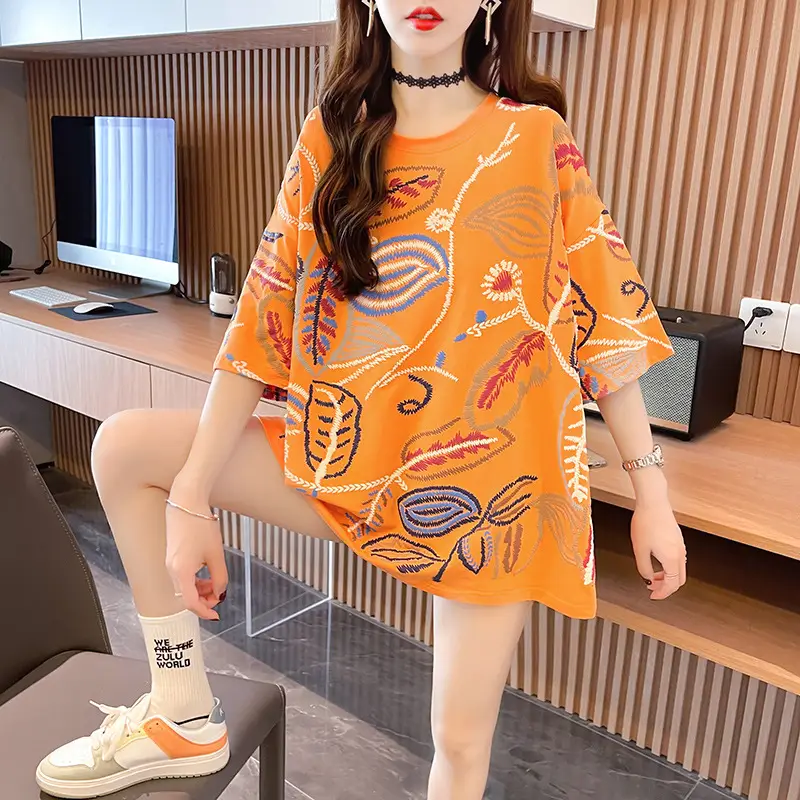 Women Printed Cotton T-Shirt Orange 2025 Summer - Image 5