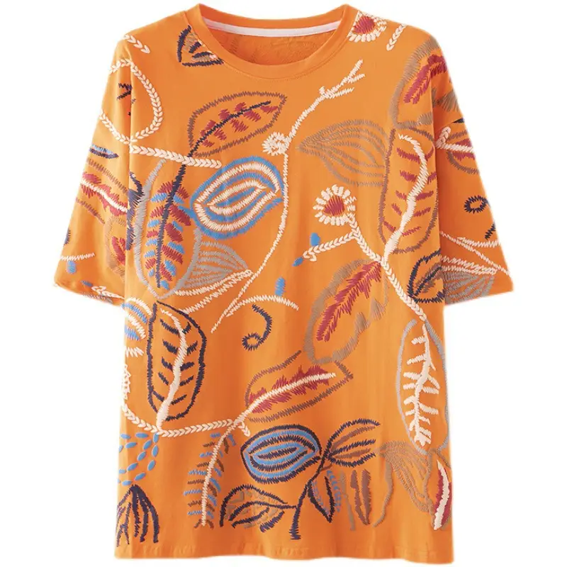 Women Printed Cotton T-Shirt Orange 2025 Summer - Image 6