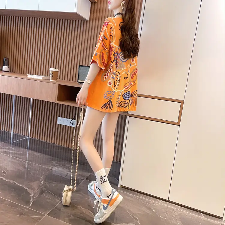 Women Printed Cotton T-Shirt Orange 2025 Summer — feature 4