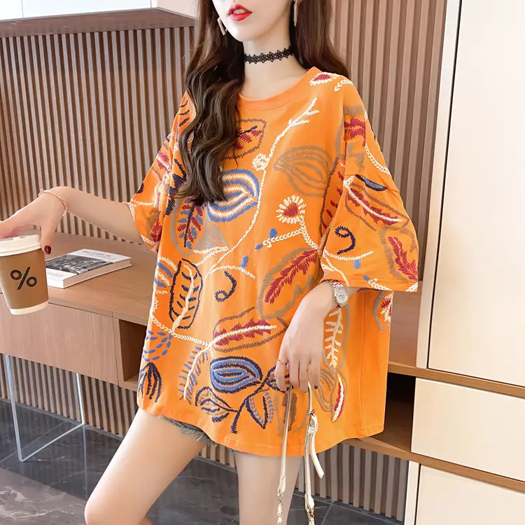 Women Printed Cotton T-Shirt Orange 2025 Summer — feature 5