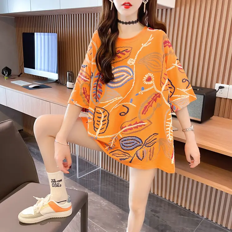 Women Printed Cotton T-Shirt Orange 2025 Summer — feature 6