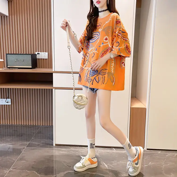 Women Printed Cotton T-Shirt Orange 2025 Summer — feature 7