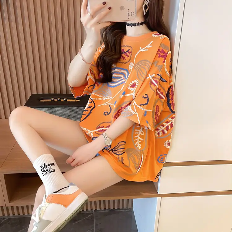 Women Printed Cotton T-Shirt Orange 2025 Summer — feature 9