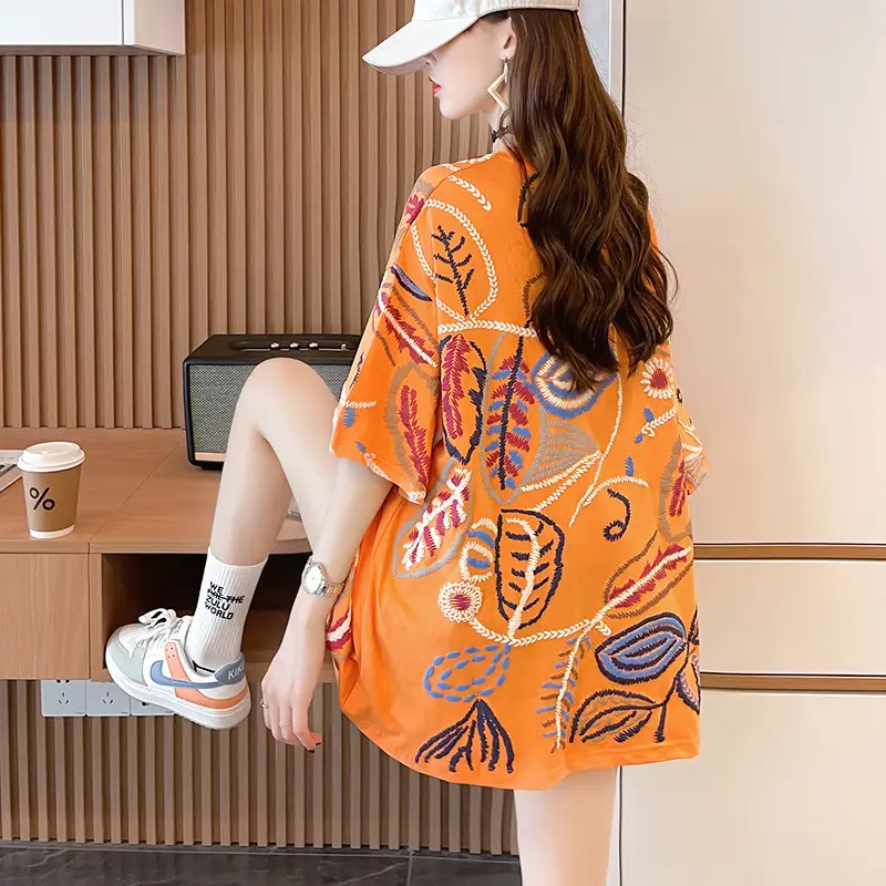 Women Printed Cotton T-Shirt Orange 2025 Summer - Image 3